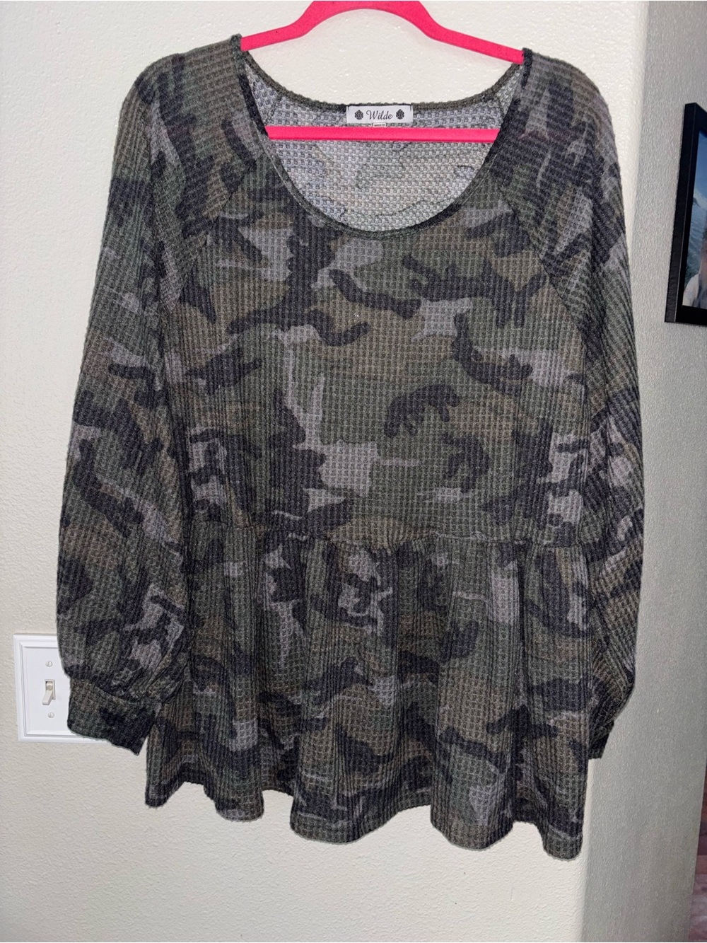 Wilde Camo Thermal Waffle Knit Peplum Top Long Sleeve 3X Plus
